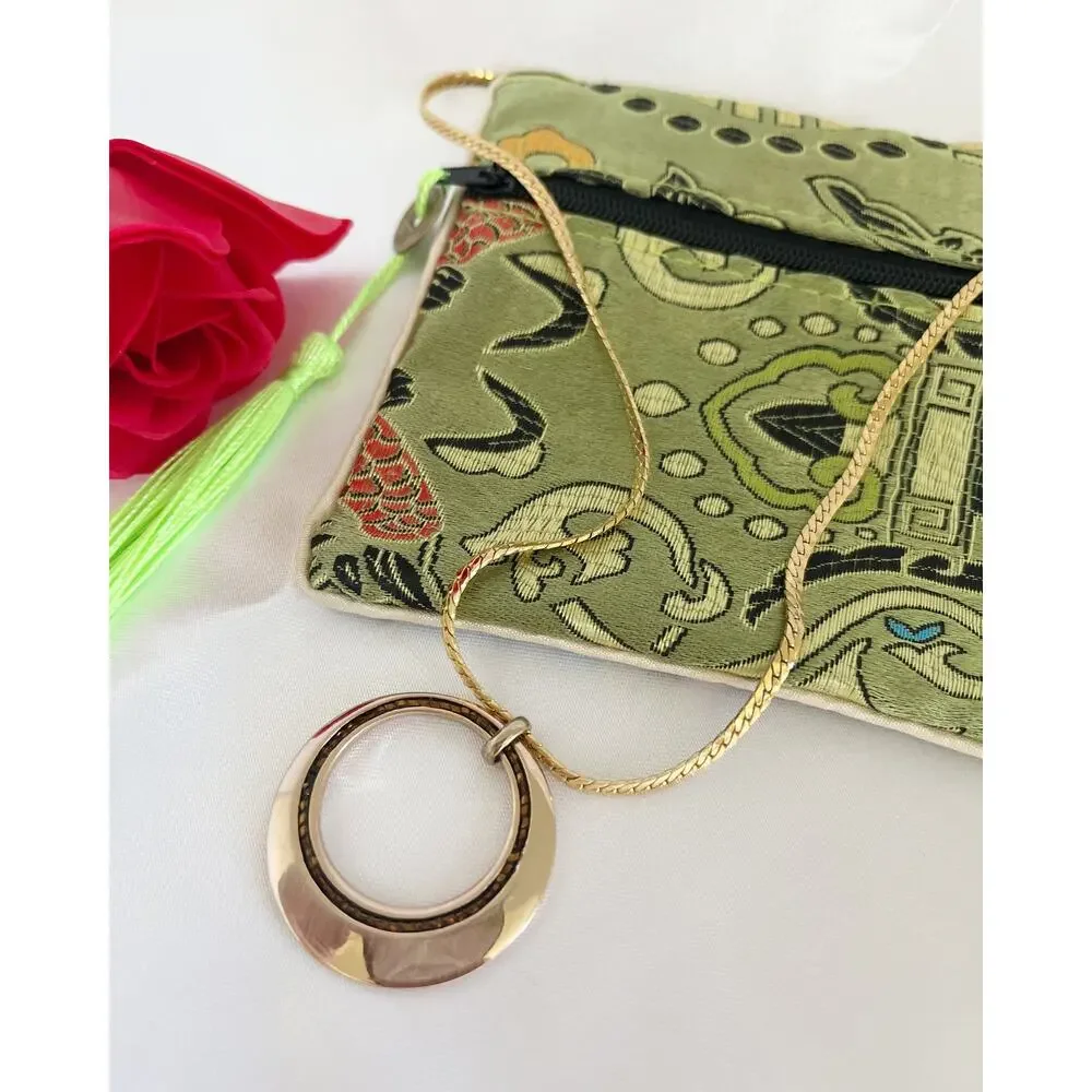 VINTAGE Rose Gold Circle Necklace w Crystal Embedded Details Herringbone Chain